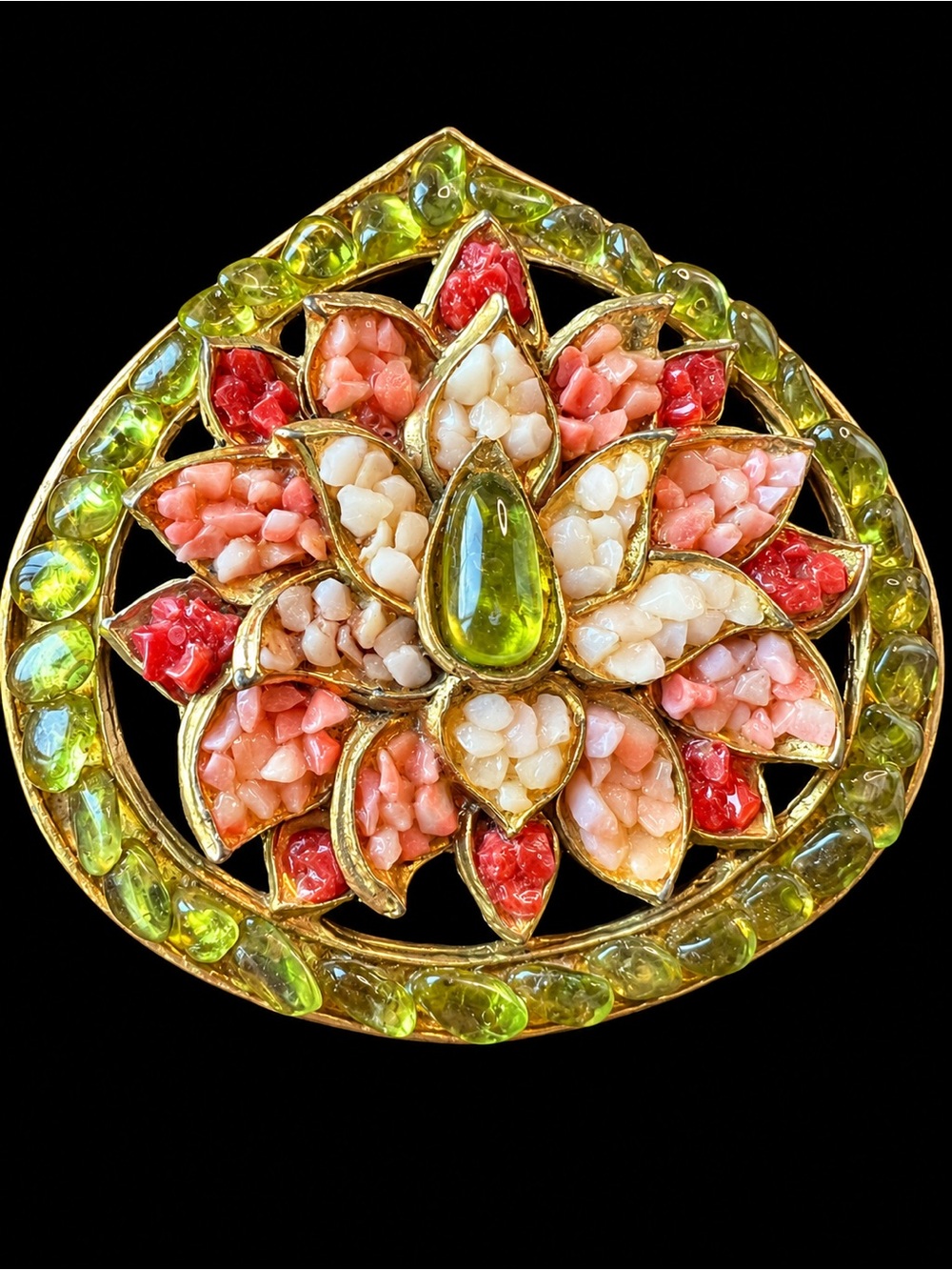 Vintage Pele Collection Hawaii Pink Coral & Olivine Floral Brooch Pendant